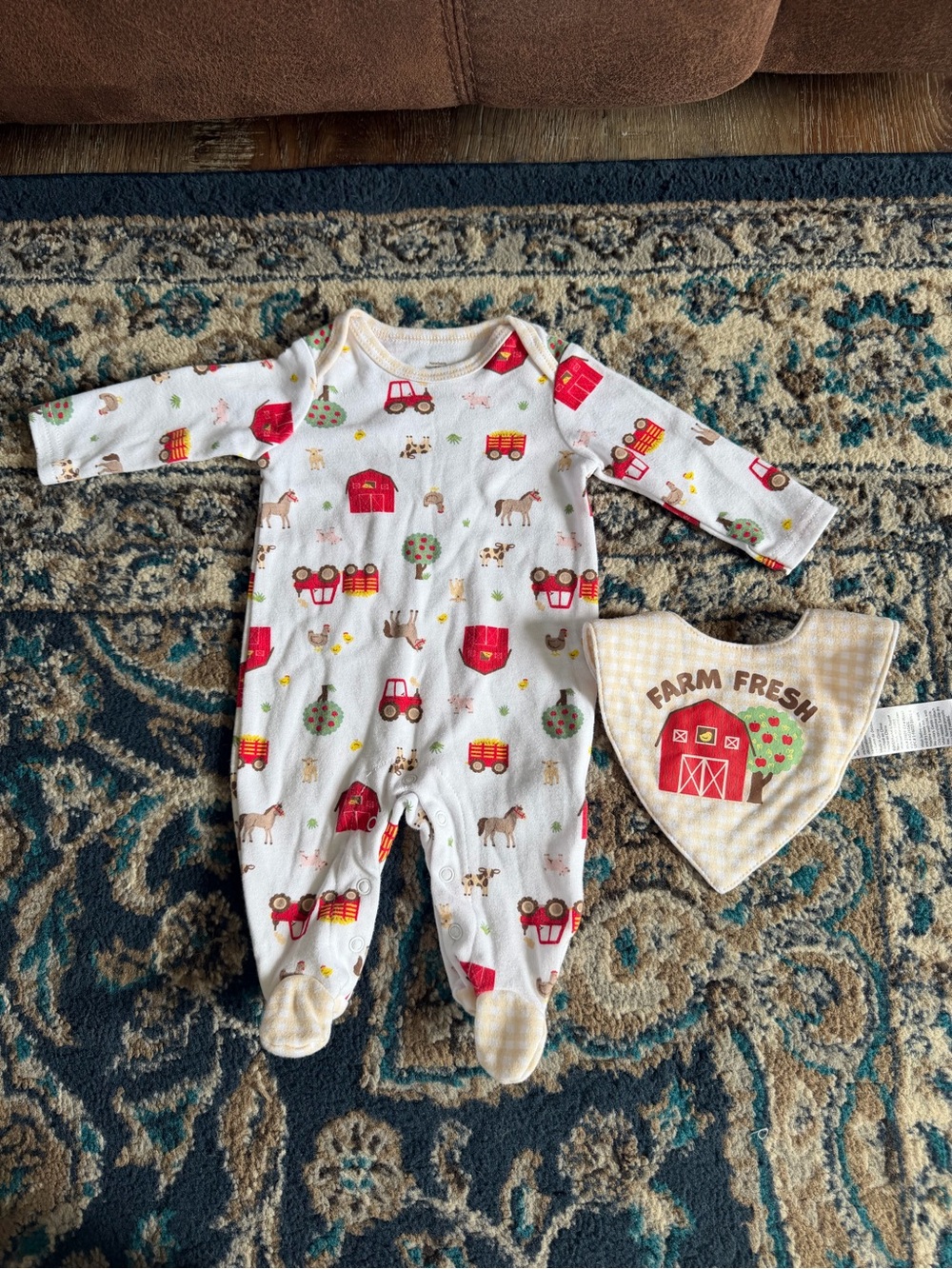Newborn Baby Farm-Print One-Piece Footed Sleeper with Bib - White & Red